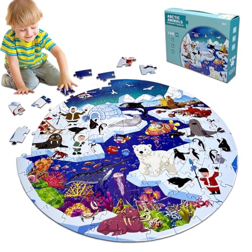 Kulveanju Kinder Puzzle ab 4 5 6 Jahre, 128 Teile Gletscherwelt Bodenpuzzle, Große Kinderpuzzle Spielzeug Kreisförmig, Puzzle für Jungen und Mädchen 3-7 Jährige Geschenk, 42x42 cm von Kulveanju