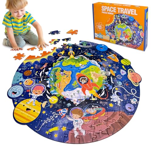 Kulveanju Kinder Puzzle ab 4 5 6 Jahre, 128 Teile Weltraumreise Bodenpuzzle, Große kinderpuzzle Spielzeug Kreisförmig, Puzzle für Jungen und Mädchen 3-7 Jährige Geschenk, 44x45 cm von Kulveanju