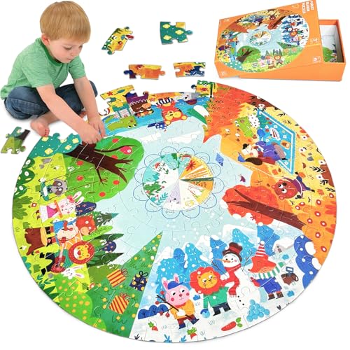 Kulveanju Kinder Puzzle ab 4 5 6 Jahre, 88 Teile Bodenpuzzle Vier Jahreszeiten Wald Tier, Große kinderpuzzle Spielzeug Kreisförmig, Puzzle für Jungen und Mädchen 3-7 Jährige Geschenk, 53x53 cm von Kulveanju