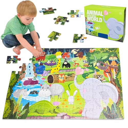 Kulveanju Kinder Puzzle ab 4 5 6 Jahre, 96 Teile Bodenpuzzle Die Welt der Tiere, Große Kinderpuzzle Spielzeug Rechteckig in Form, Puzzle für Jungen und Mädchen 3-7 Jährige Geschenk, 60x42 cm von Kulveanju