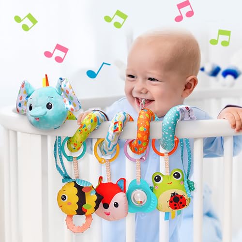 Kulveanju Kinderwagen Spielzeug Baby, Babyschale Autositz Bett Activity Spirale Spielzeug, Plüschtier Hänge Sensorik Spielzeug Geschenk für Neugeborenen Mädchen & Junge 0 3 6 9 12 Monate，Elefant von Kulveanju