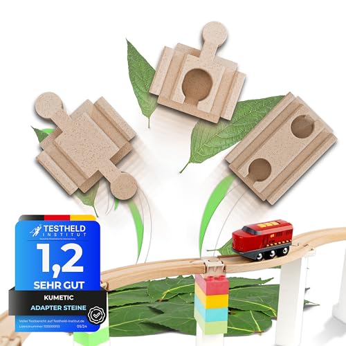 Kumetic 22 Stück Adapter-Steine Starter-Set in Holzoptik passend für Brio Schienen & Duplo® sowie alle übrigen Holzeisenbahnen + Klemmbausteine - Made in Germany von Kumetic