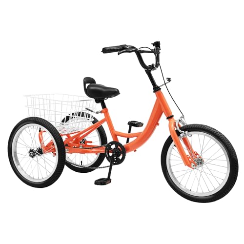 Dreirad für Kinder, 16 Zoll 3-Rad Kinderfahrräder mit Einkaufskorb Verstellbarer Lenker&Sattel Kinder Fahrräd Single Speed Fahrader für Kinder ab 5-10 Jahre（Orange） von KumuJ