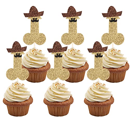 24 Stück Glitzer Bachelorette Party Cupcake Topper Brautdusche Party Cup Cake Topper Lustige Junggesellenabschied Dekorationen für Hochzeit Verlobung Junggesellinnenabschied Zubehör (Gold) von Kunoli