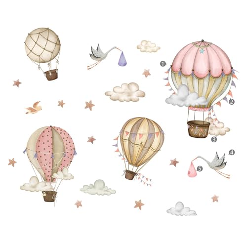 Kuntesetty 2 Stück Heißluftballon Wandaufkleber, Wanddekoration, Cartoon, Leicht Abziehbar, Kunstwandbild, Stern, Vögel, Wolken, Wandaufkleber für Kinderzimmer von Kuntesetty