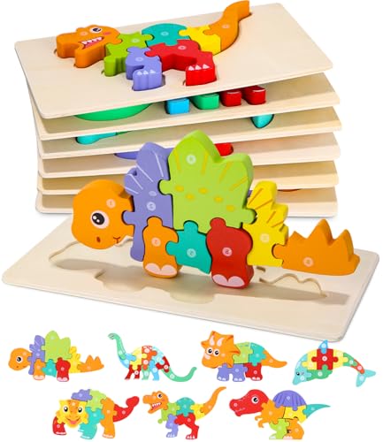 Kureny Holzpuzzle für Kleinkinder von 1-3 Jahren, 7 Stück Dinosaurier Holzpuzzle,Montessori-Spielzeug für Kinder ab 2 Jahren, Spielzeug ab 2 Jahre, Geschenk für Jungen und Mädchen von Kureny