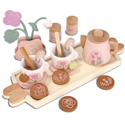 Teeservice Kinder Holz Set, Küchenzubehör Kinder Holz, Teeparty Spielküche Rollenspiele, Kinder küchenzubehör, Teeparty-Set, Geschenk für Mädchen Kleinkinder ab 3 Jahre, Rosa von Kureny