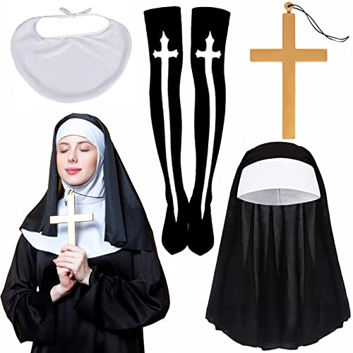 Kuscul 4 Stück Nonne Kostüm Set, Nonne Hut Nonne Kragen Kreuz Anhänger Halskette Knie Oberschenkel hohe Socken für Halloween Cosplay Frauen Verkleidung Kostüm Zubehör, Karneval Thema Party Gastgeschenke von Kuscul