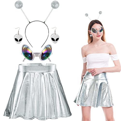 Kuscul Alien Kostüm für Frauen, Antenne Bopper Stirnband Metallic Glänzend Rock Brille baumeln Ohrringe für Halloween Cosplay (Silber) von Kuscul