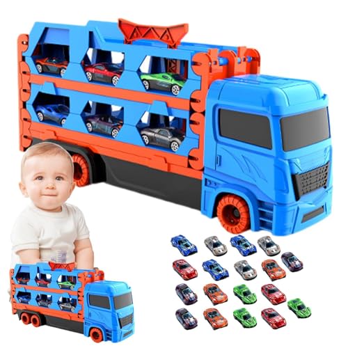 Kustimantu Auto-Rennbahn-Spielzeug, Spielzeug-LKW für Kinder,Klappbares Autotransporter-Spielzeug | Auto-LKW-Spielzeug mit 18 kleinen Fahrzeugen für, Mädchen, Kleinkinder und Kinder von Kustimantu