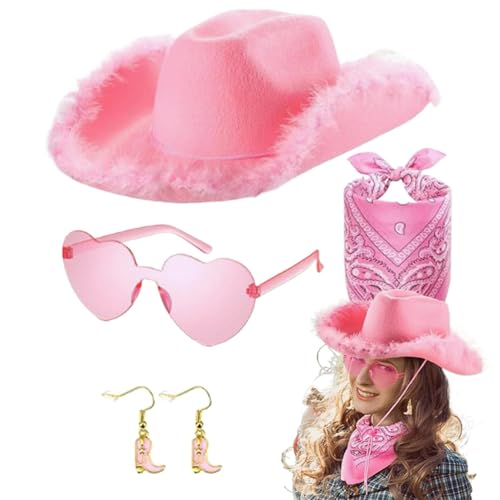 Kustimantu Cowgirl-Hut für Mädchen, Cowgirl-Hut-Set - 4X Rosa Cowgirl-Hut Karnevalskostüm - Plüsch-Mode-Cowboy-Rollenspielhut, Freundin, Ehefrau, Mutter, Festivalkleidung für Maskerade von Kustimantu