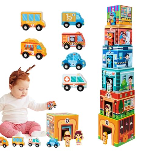 Kustimantu Stapelspielzeug für Kleinkinder, Stadtbausteine - Holzbausteine Auto Garage Toy Block City - Stadtspielset, Spielzeugautogarage, Lernspielzeug für Kinder, Familie, Früherziehung von Kustimantu