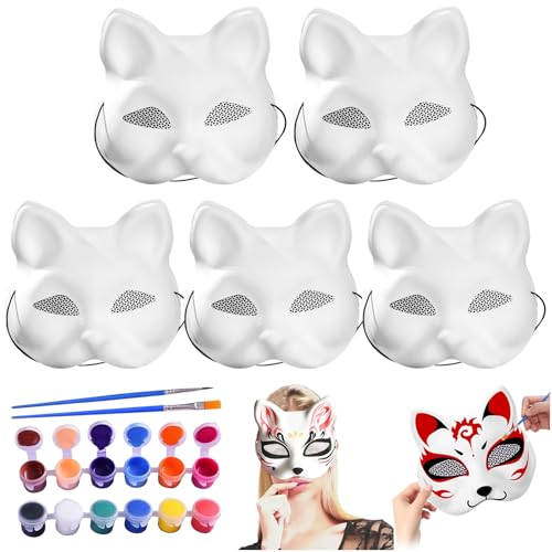 KutaKuta 5PCS Katzenmaske, Therianische Maske DIY Weiße Papiermaske mit Farben Pinsel Bemalbare Halbgesichtsmasken Maskerade Masken Tiermasken für Halloween Rollenspiele, Singles Partys, Tänze, Karnev von KutaKuta