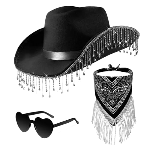 Cowgirl-hut Mit Herzbrille, Cowboyhut Strass Quaste Cowboyhut, 3 Teiliges Cowboyhut Set Mit Strass Quasten, Glitzer Cowgirl Hut, Strass Quasten Set Mit Herzbrille von Kuxiptin