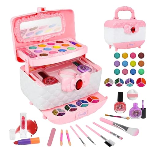 Kuxiptin Make-up für Kinder - Waschbares rosafarbenes Kinder-Make-up - Make-up-Set für Mädchen, Keine Belastung für die Haut, tragbares Princess-Kosmetikspielzeug für Mädchen im Alter von 3–12 Jahren von Kuxiptin