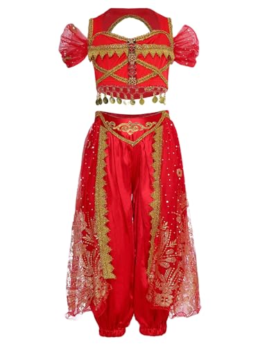 Kvysinly 2Pcs Kinder Mädchen Arabische Prinzessin Kostüm Fransen Crop Top + Pailletten Pumphose Jasmin Kostüm Aladin Halloween Karneval Party Burgundy 110-116 von Kvysinly