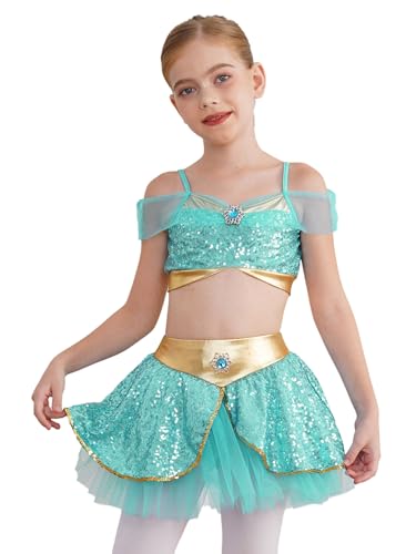 Kvysinly 2Pcs Mädchen Arabische Kostüm Pailletten Crop Top + Tutu Rock Bauchtanz Kostüm Glänzend Arabische Tanzkleidung Halloween Karneval Kostüm Grün 110-116 von Kvysinly