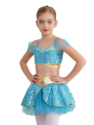 Kvysinly 2Pcs Mädchen Arabische Kostüm Pailletten Crop Top + Tutu Rock Bauchtanz Kostüm Glänzend Arabische Tanzkleidung Halloween Karneval Kostüm Hellblau 110-116 von Kvysinly