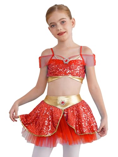 Kvysinly 2Pcs Mädchen Arabische Kostüm Pailletten Crop Top + Tutu Rock Bauchtanz Kostüm Glänzend Arabische Tanzkleidung Halloween Karneval Kostüm Rot 110-116 von Kvysinly