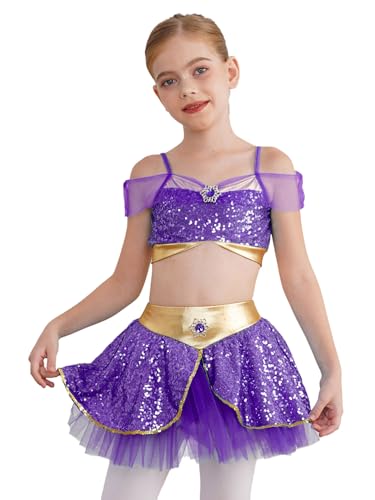 Kvysinly 2Pcs Mädchen Arabische Kostüm Pailletten Crop Top + Tutu Rock Bauchtanz Kostüm Glänzend Arabische Tanzkleidung Halloween Karneval Kostüm Violett 110-116 von Kvysinly