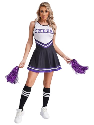 Kvysinly 3Pcs Cheer Leader Kostüm Damen Ärmellos Tanzkleid Minikleid Tankkleid + Socken + Pompoms Cheerleading Uniform Tanz Outfit Halloween Karneval Kostüm Dunkelviolett S von Kvysinly