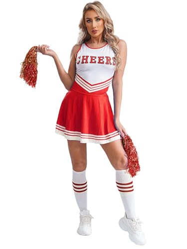 Kvysinly 3Pcs Cheer Leader Kostüm Damen Ärmellos Tanzkleid Minikleid Tankkleid + Socken + Pompoms Cheerleading Uniform Tanz Outfit Halloween Karneval Kostüm Rot S von Kvysinly