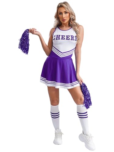 Kvysinly 3Pcs Cheer Leader Kostüm Damen Ärmellos Tanzkleid Minikleid Tankkleid + Socken + Pompoms Cheerleading Uniform Tanz Outfit Halloween Karneval Kostüm Violett M von Kvysinly