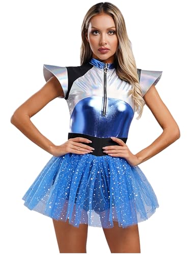 Kvysinly Alien Kostüm Damen Fliege Ärmel Metallic Kleid Tüll Tanzkleid Glänzend Astronauten Fasching Kleid Cosplay Outfits Blau S von Kvysinly