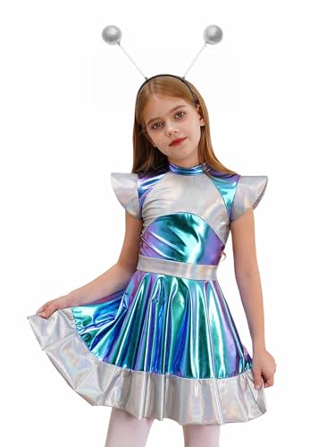 Kvysinly Astronaut Kostüm Mädchen Metallic Alien Kleid Kleid Ärmellos Tanzkleid mit Alien Haarreif Set Space Party Outfit Silber 110-116 von Kvysinly