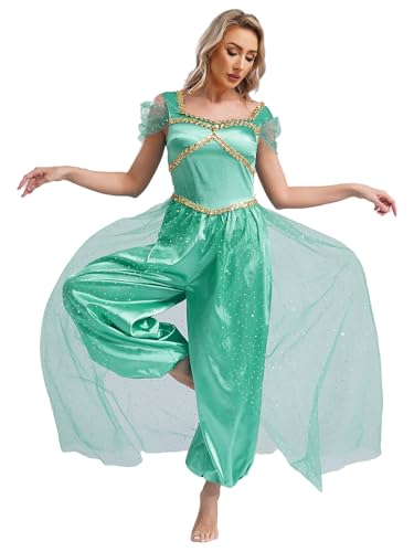 Kvysinly Bauchtanz Kostüm Damen Aladin Prinzessin Kostüm Pailletten Jumpsuit Haremhose Arabische Indische Tanzkleidung Halloween Fasching Party Türkis 3XL von Kvysinly