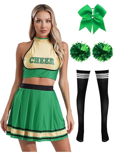 Kvysinly Cheer Leader Kostüm Damen Ärmellos Bauchfrei Crop Top + Schulmädchen Rock + Socken + Pompoms Cheerleading Uniform Karneval Fasching Kostüm Grün L von Kvysinly