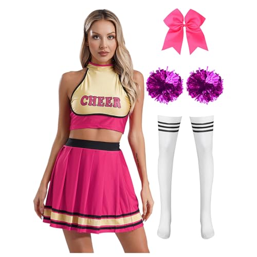 Kvysinly Cheer Leader Kostüm Damen Ärmellos Bauchfrei Crop Top + Schulmädchen Rock + Socken + Pompoms Cheerleading Uniform Karneval Fasching Kostüm Hot Pink M von Kvysinly