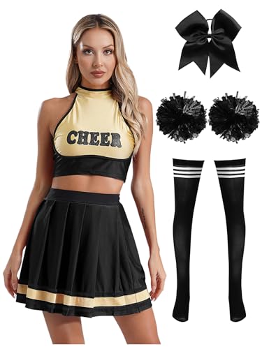 Kvysinly Cheer Leader Kostüm Damen Ärmellos Bauchfrei Crop Top + Schulmädchen Rock + Socken + Pompoms Cheerleading Uniform Karneval Fasching Kostüm Schwarz L von Kvysinly