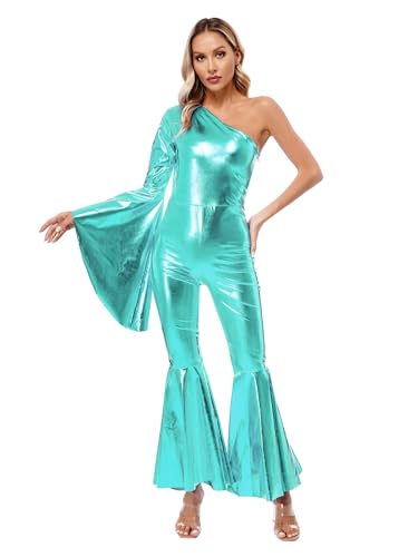 Kvysinly Damen 70er Jahre Jumpsuit Disco Kostüm Metallic Flare Ärmel Overall One Shoulder Bodysuit Schlaghose Rave Outfit Karneval Fasching Kostüm Blau Grün 3XL von Kvysinly