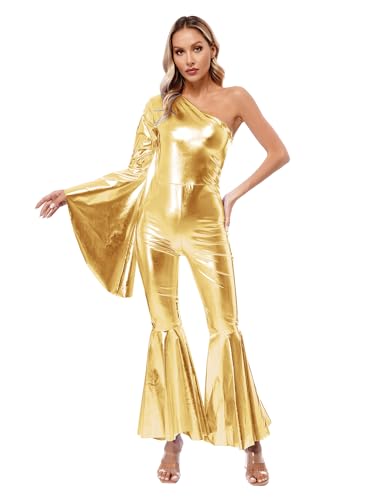 Kvysinly Damen 70er Jahre Jumpsuit Disco Kostüm Metallic Flare Ärmel Overall One Shoulder Bodysuit Schlaghose Rave Outfit Karneval Fasching Kostüm Gold L von Kvysinly