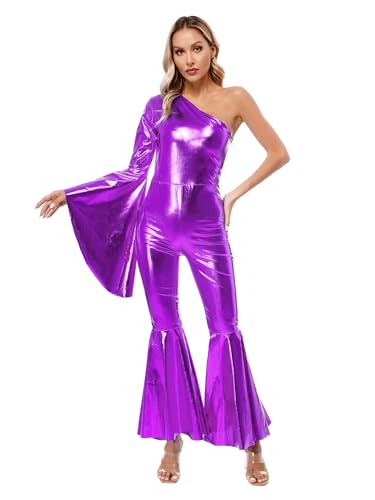 Kvysinly Damen 70er Jahre Jumpsuit Disco Kostüm Metallic Flare Ärmel Overall One Shoulder Bodysuit Schlaghose Rave Outfit Karneval Fasching Kostüm Violett 3XL von Kvysinly