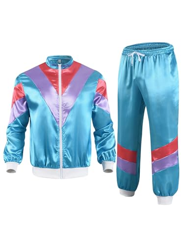 Kvysinly Damen 80er Jahre Party Disco Outfit Trainingsanzug Satin Sportanzug Langarm Reißverschluss Jacke + Kordelzug Sweatpants Hose Karneval Kostüm Himmelblau XL von Kvysinly