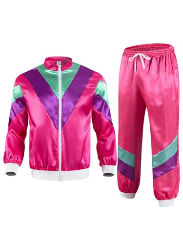 Kvysinly Damen 80er Jahre Party Disco Outfit Trainingsanzug Satin Sportanzug Langarm Reißverschluss Jacke + Kordelzug Sweatpants Hose Karneval Kostüm Hot Pink M von Kvysinly