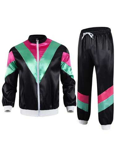 Kvysinly Damen 80er Jahre Party Disco Outfit Trainingsanzug Satin Sportanzug Langarm Reißverschluss Jacke + Kordelzug Sweatpants Hose Karneval Kostüm Schwarz M von Kvysinly