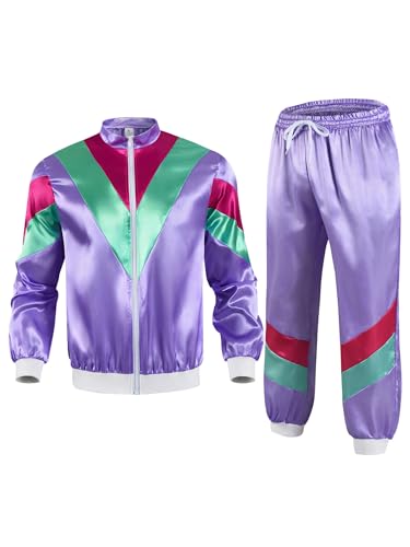 Kvysinly Damen 80er Jahre Party Disco Outfit Trainingsanzug Satin Sportanzug Langarm Reißverschluss Jacke + Kordelzug Sweatpants Hose Karneval Kostüm Violett XXL von Kvysinly