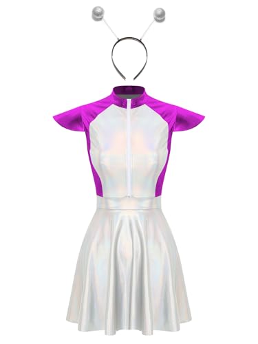 Kvysinly Damen Alien Kostüm Space Girl Outfit Glitzer Kleid Metallic Minikleid Partykleid Mit Alien Haarreif Halloween Karneval Kostüm Violett 4XL von Kvysinly