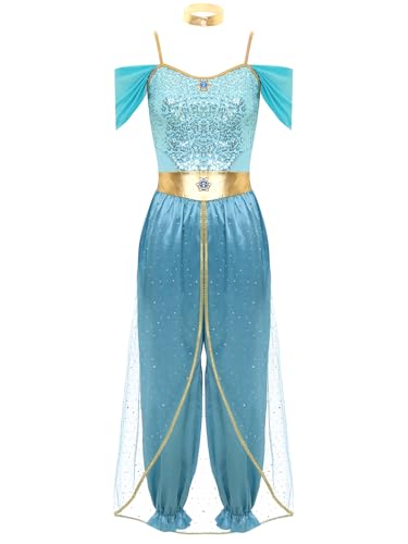 Kvysinly Damen Bauchtanz Kostüm Aladin Prinzessin Kostüm Pailletten Jumpsuit Haremhose Orientalische Kostüm Halloween Karneval Fasching Kostüm Blau 3XL von Kvysinly