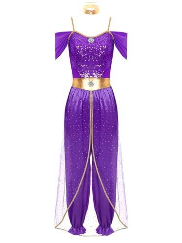 Kvysinly Damen Bauchtanz Kostüm Aladin Prinzessin Kostüm Pailletten Jumpsuit Haremhose Orientalische Kostüm Halloween Karneval Fasching Kostüm Lila 3XL von Kvysinly