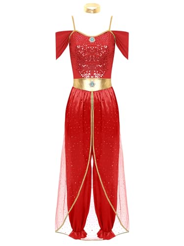 Kvysinly Damen Bauchtanz Kostüm Aladin Prinzessin Kostüm Pailletten Jumpsuit Haremhose Orientalische Kostüm Halloween Karneval Fasching Kostüm Rot 3XL von Kvysinly