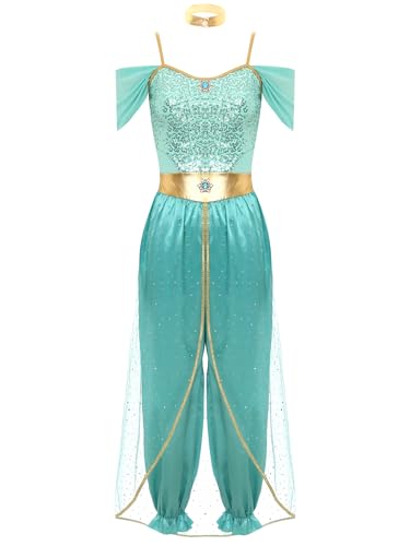 Kvysinly Damen Bauchtanz Kostüm Aladin Prinzessin Kostüm Pailletten Jumpsuit Haremhose Orientalische Kostüm Halloween Karneval Fasching Kostüm Türkis 3XL von Kvysinly