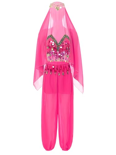 Kvysinly Damen Bauchtanz Kostüm Pailletten Crop Top Bauchtanz Oberteil Haremhose Pumphose Chiffon Kopftuch Bauchtanz Outfit Halloween Karneval Kostüm Hot Pink Einheitsgröße von Kvysinly