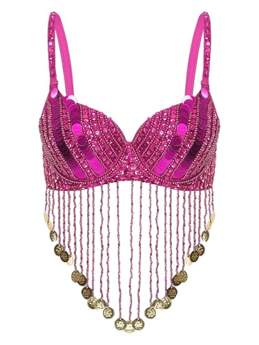 Kvysinly Damen Bauchtanz Kostüm Pailletten Oberteil Glitzer BH mit Fransen Tanztop Pailletten Crop Top Tanzkostüm Halloween Karneval Kostüm Fasching Party Hot Pink Einheitsgröße von Kvysinly