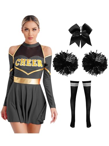 Kvysinly Damen Cheer Leader Kostüm 4tlg Fancy Dress Uniform mit Pompons und Stirnband Socken Halloween Fasching Schwarz A XXL von Kvysinly