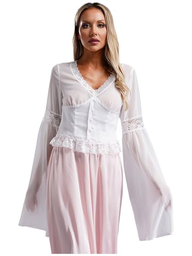 Kvysinly Damen Chiffon Oberteil Langarm Shirt mit Floralem Spitzenbesatz Frau Gothic-Stil Top Freizeit Crop Top Steampunk Kostüme Elfenbein M von Kvysinly