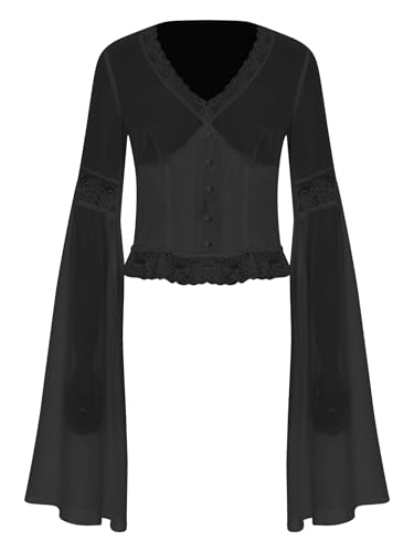 Kvysinly Damen Chiffon Oberteil Langarm Shirt mit Floralem Spitzenbesatz Frau Gothic-Stil Top Freizeit Crop Top Steampunk Kostüme Schwarz L von Kvysinly